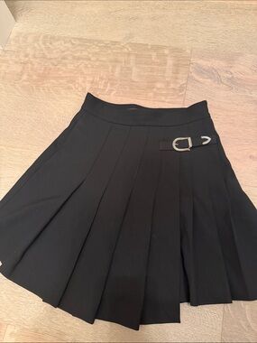 Maje Black Pleated Skater Mini Skirt with Buckle Trim